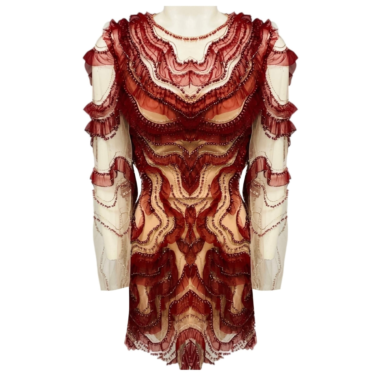 Jenny Packham Garnet Red / Nude Embellished Mesh Tulle Cocktail Dress