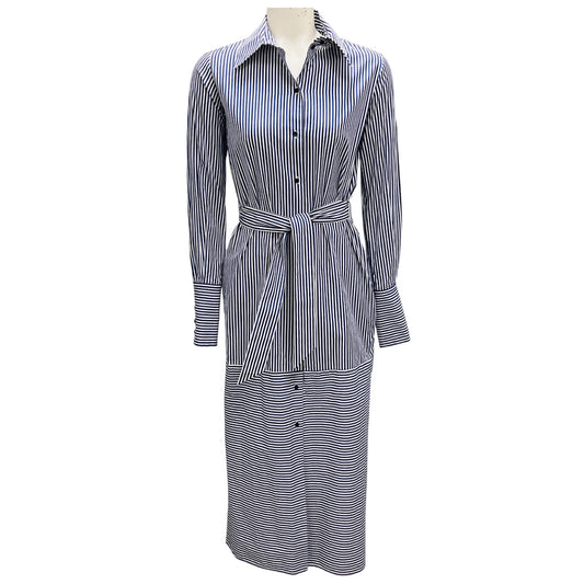 Martin Grant Blue / White Striped Button Front Cotton Midi Shirt Dress with Belt