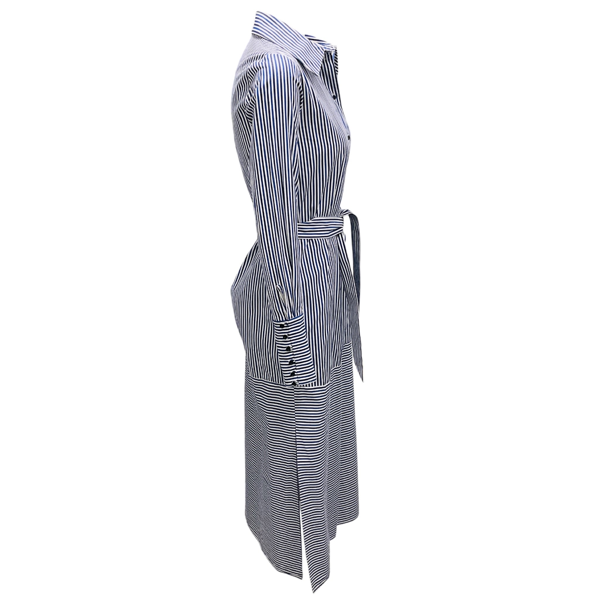 Martin Grant Blue / White Striped Button Front Cotton Midi Shirt Dress with Belt