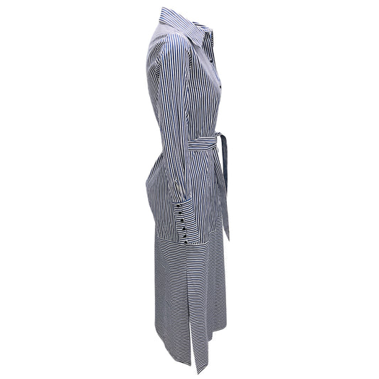 Martin Grant Blue / White Striped Button Front Cotton Midi Shirt Dress with Belt