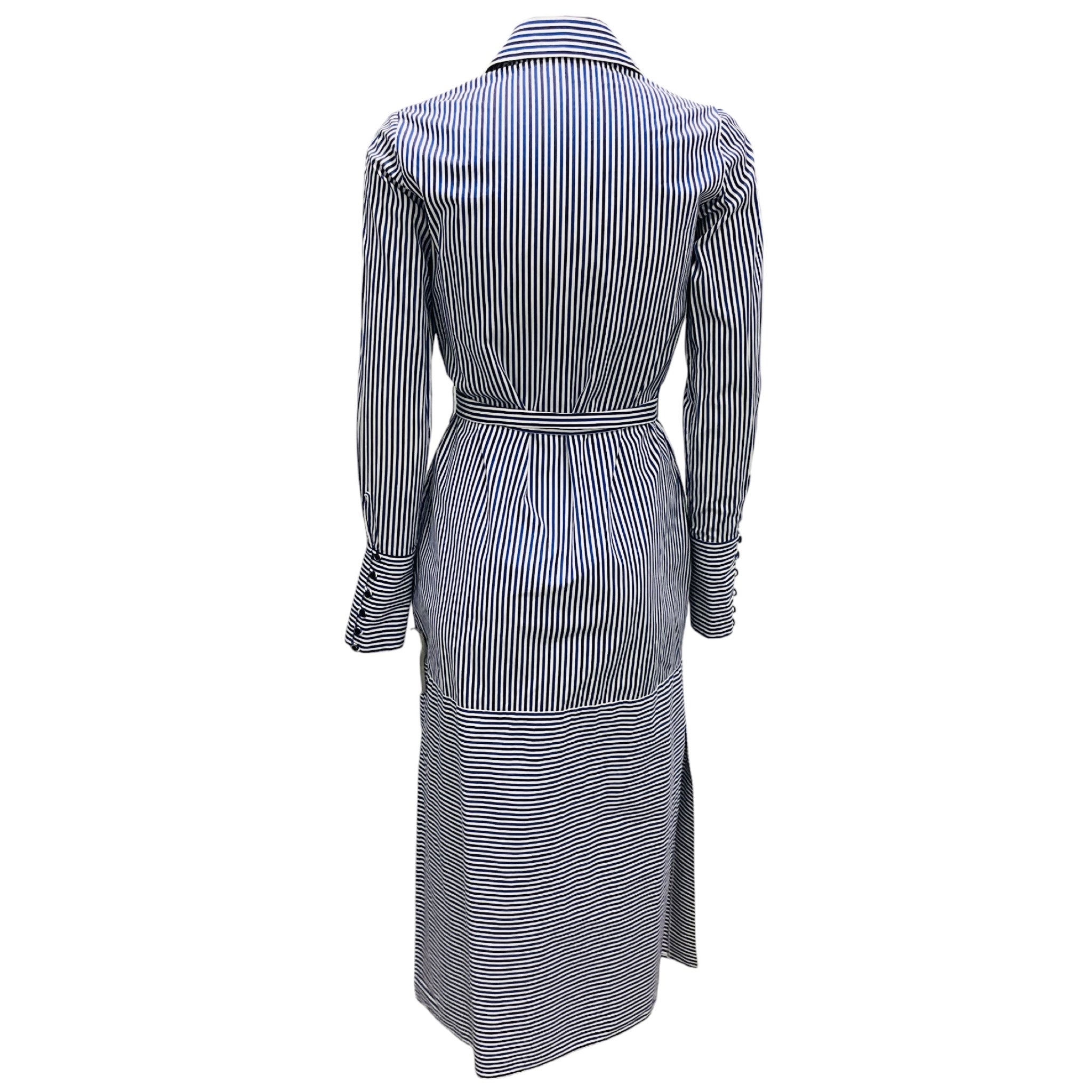 Martin Grant Blue / White Striped Button Front Cotton Midi Shirt Dress with Belt