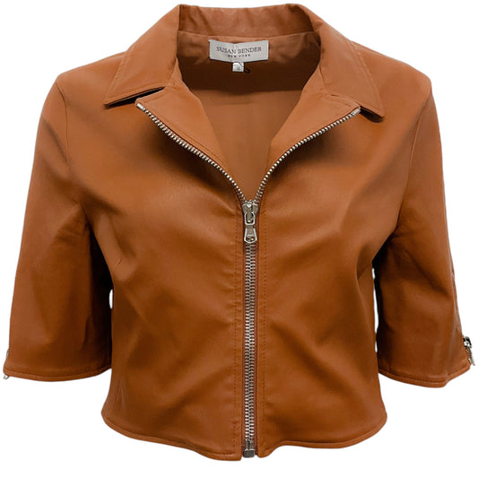 Susan Bender Tan Leather Cropped Short Sleeve Jacket
