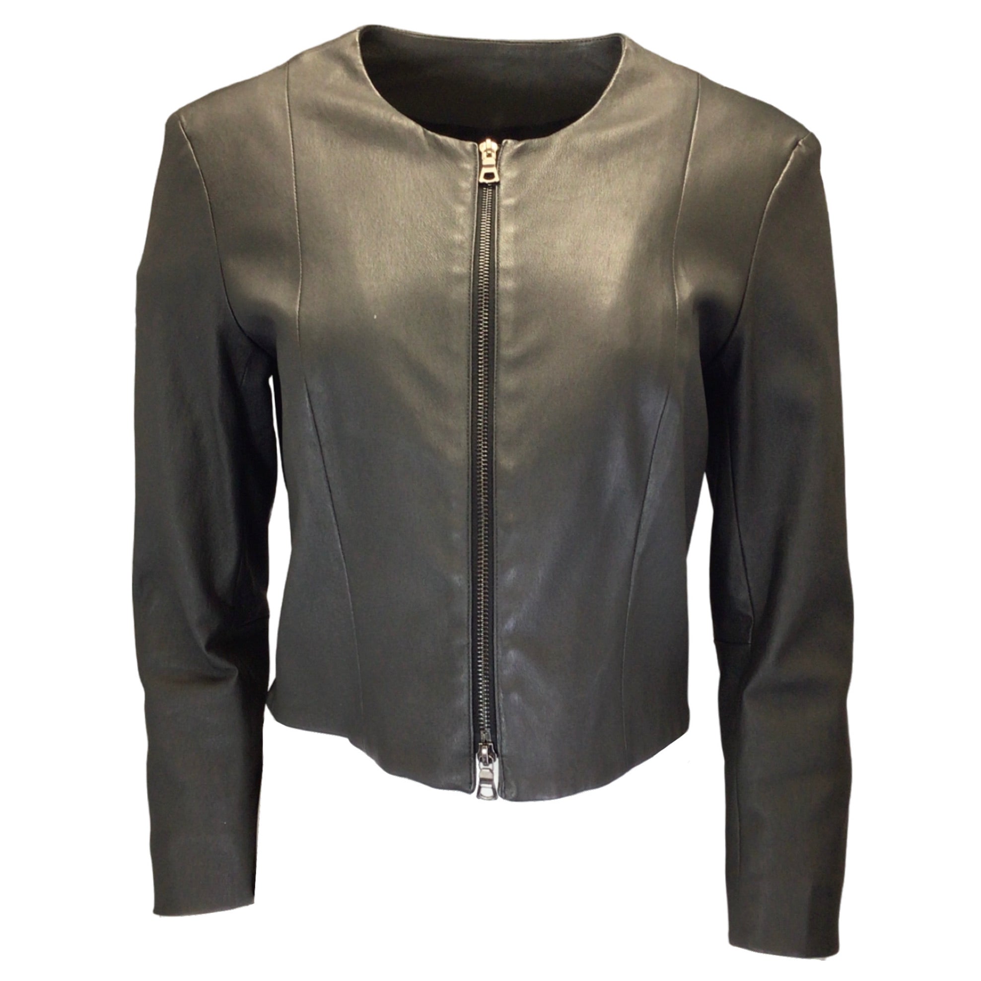 Shari's Place Graphite Cropped Round Neck Full Zip Leather Jacket