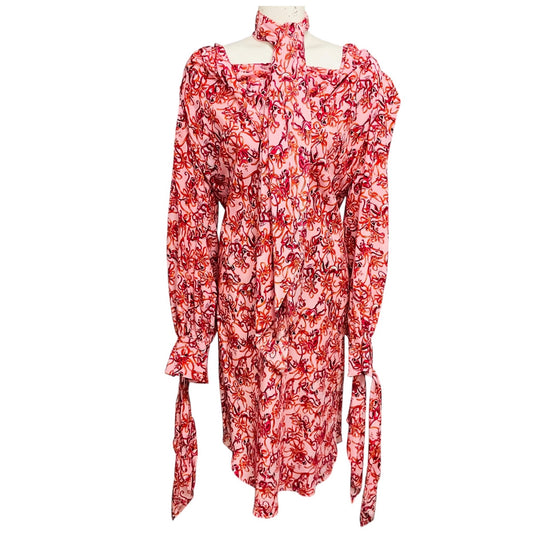 Tuleh Pink / Red Multi Printed Silk Dress with Scarf
