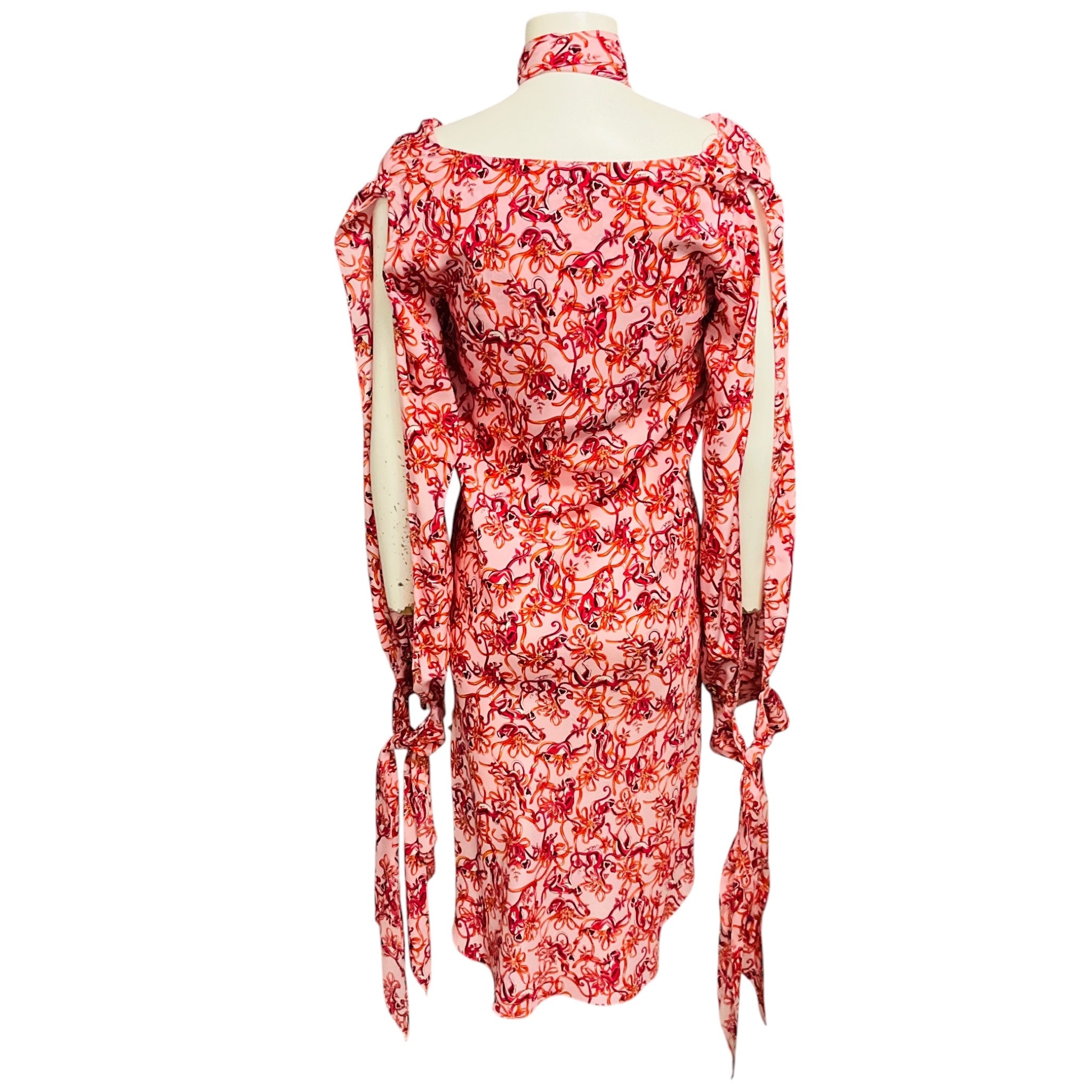 Tuleh Pink / Red Multi Printed Silk Dress with Scarf