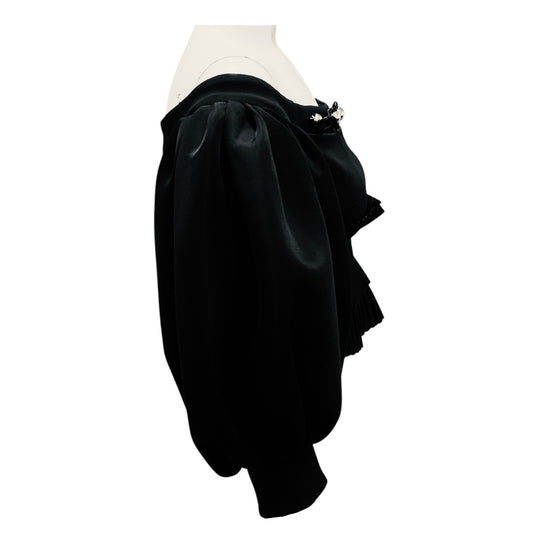 David Koma Black Cady and Neoprene Puff Sleeve Pleats and Metal Balls Detail Cropped Top