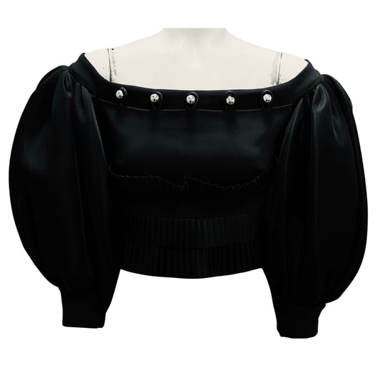 David Koma Black Cady and Neoprene Puff Sleeve Pleats and Metal Balls Detail Cropped Top