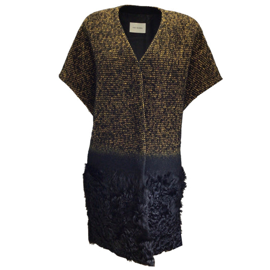 Yves Salomon Black / Curry Short Sleeved Wool Tweed and Lamb Fur Coat