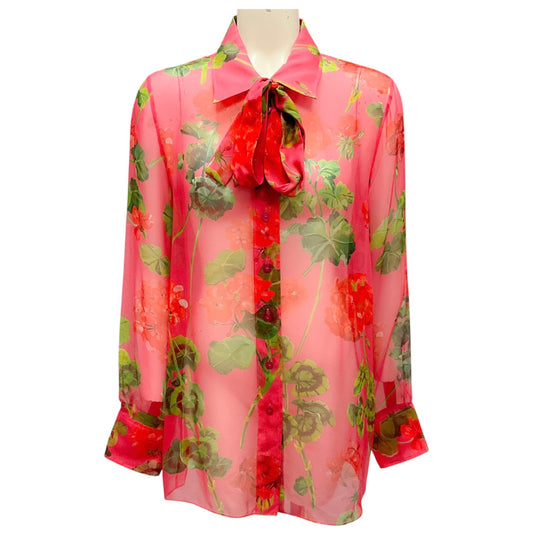 Oscar de la Renta Red Geranium Fall 2023 Long Sleeved Tie Neck Silk Chiffon Blouse