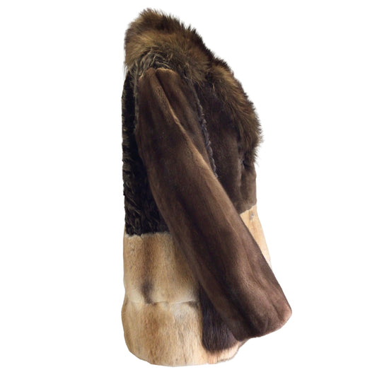Yves Salomon Brown Multi Raccoon Fur Collar Lamb Fur and Mink Fur Coat