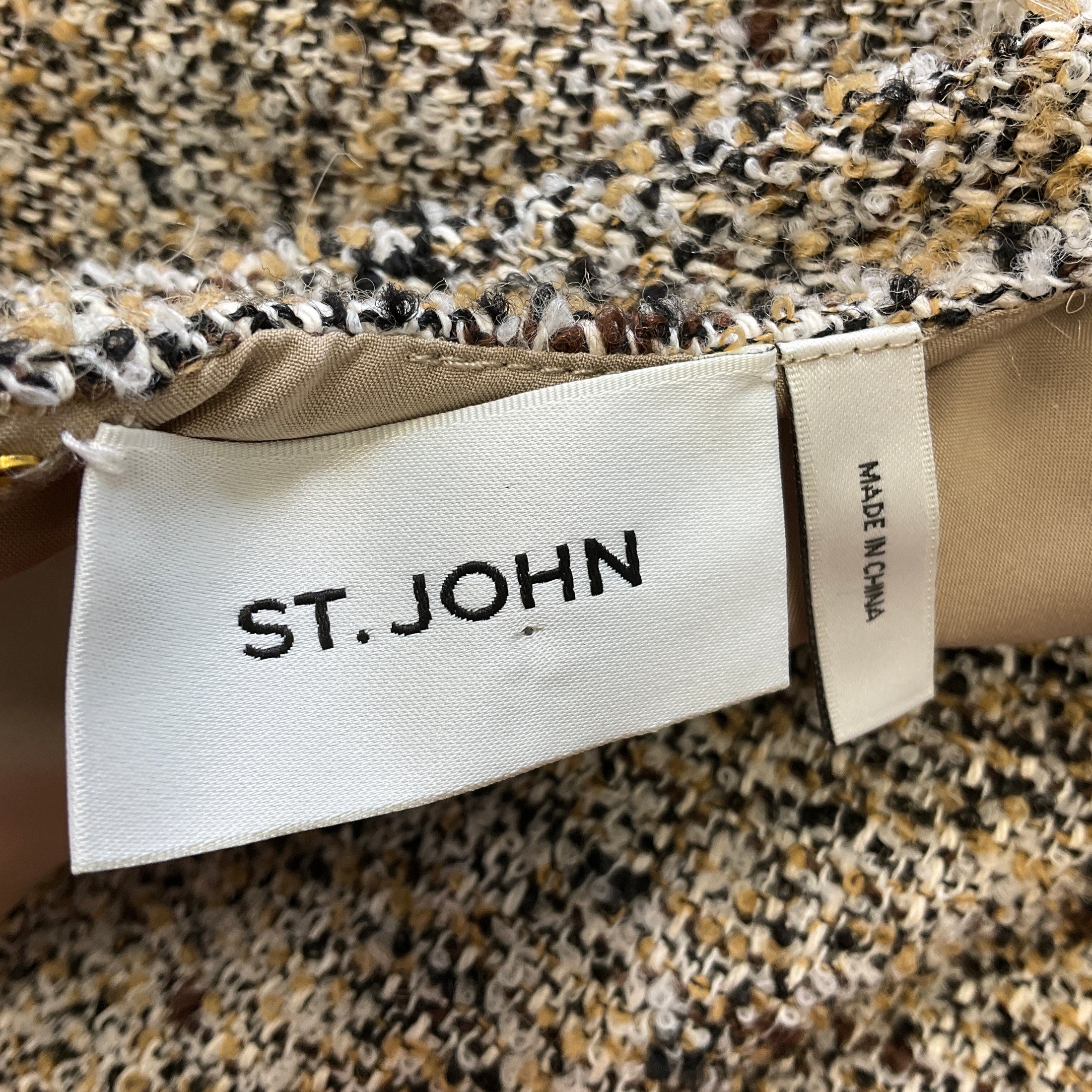 St. John Tan Multi Fall 2023 Leather Trimmed Wool Tweed Dress