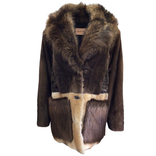 Yves Salomon Brown Multi Raccoon Fur Collar Lamb Fur and Mink Fur Coat