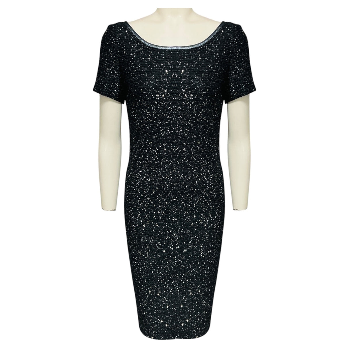 St. John Blue / Black / Silver Metallic Sequined Short Sleeved Knit Dress