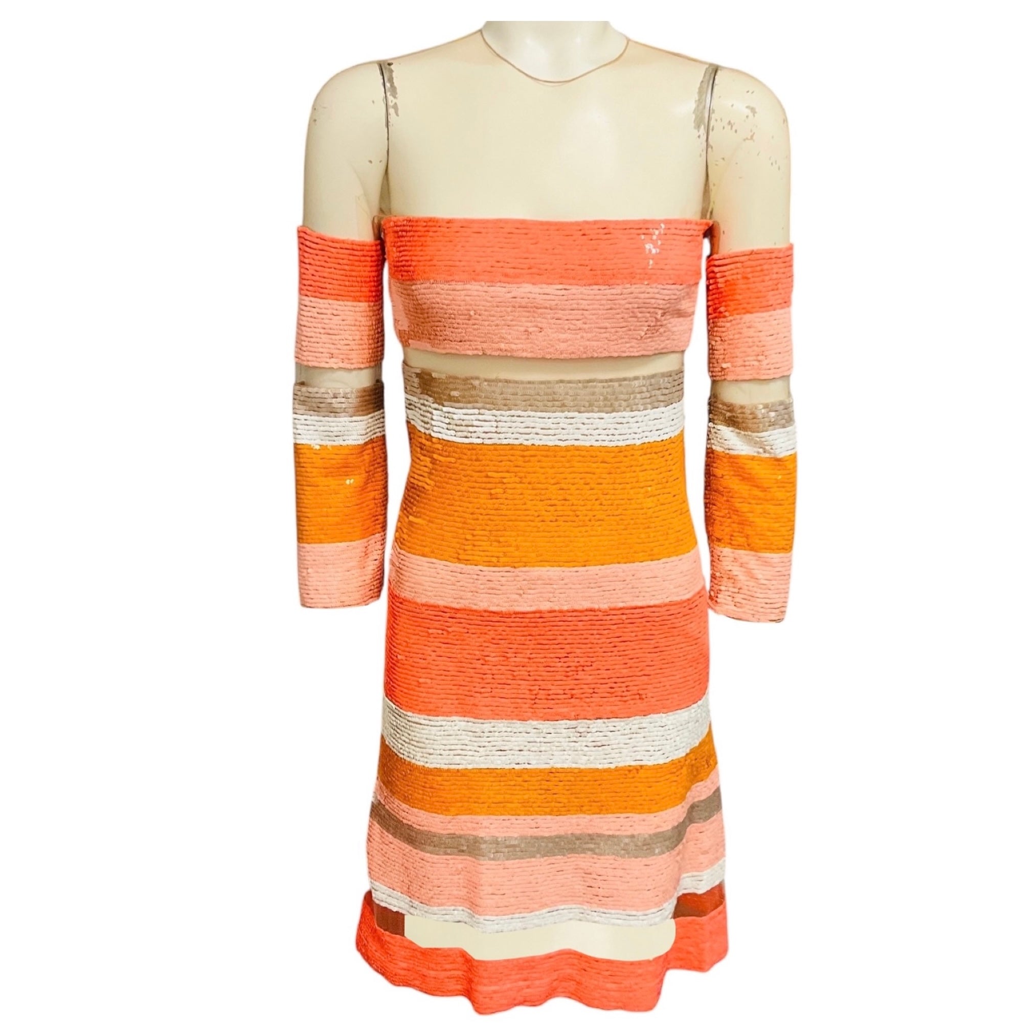 Kaufmanfranco Peach / Orange / Beige Mesh Tulle Trimmed Sequined Dress