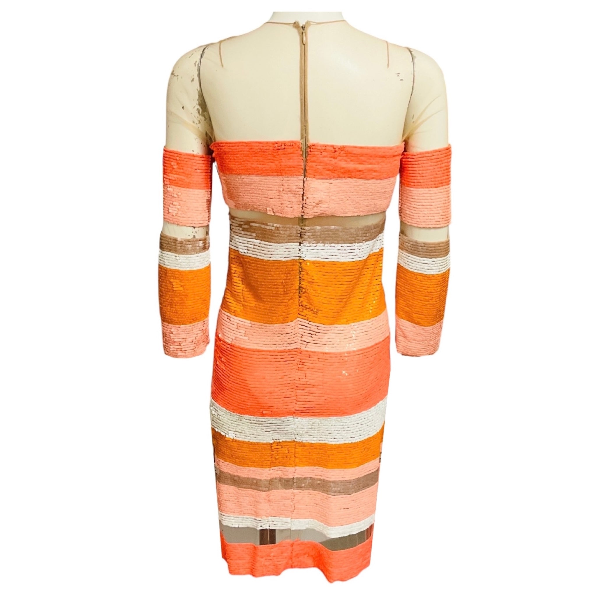 Kaufmanfranco Peach / Orange / Beige Mesh Tulle Trimmed Sequined Dress