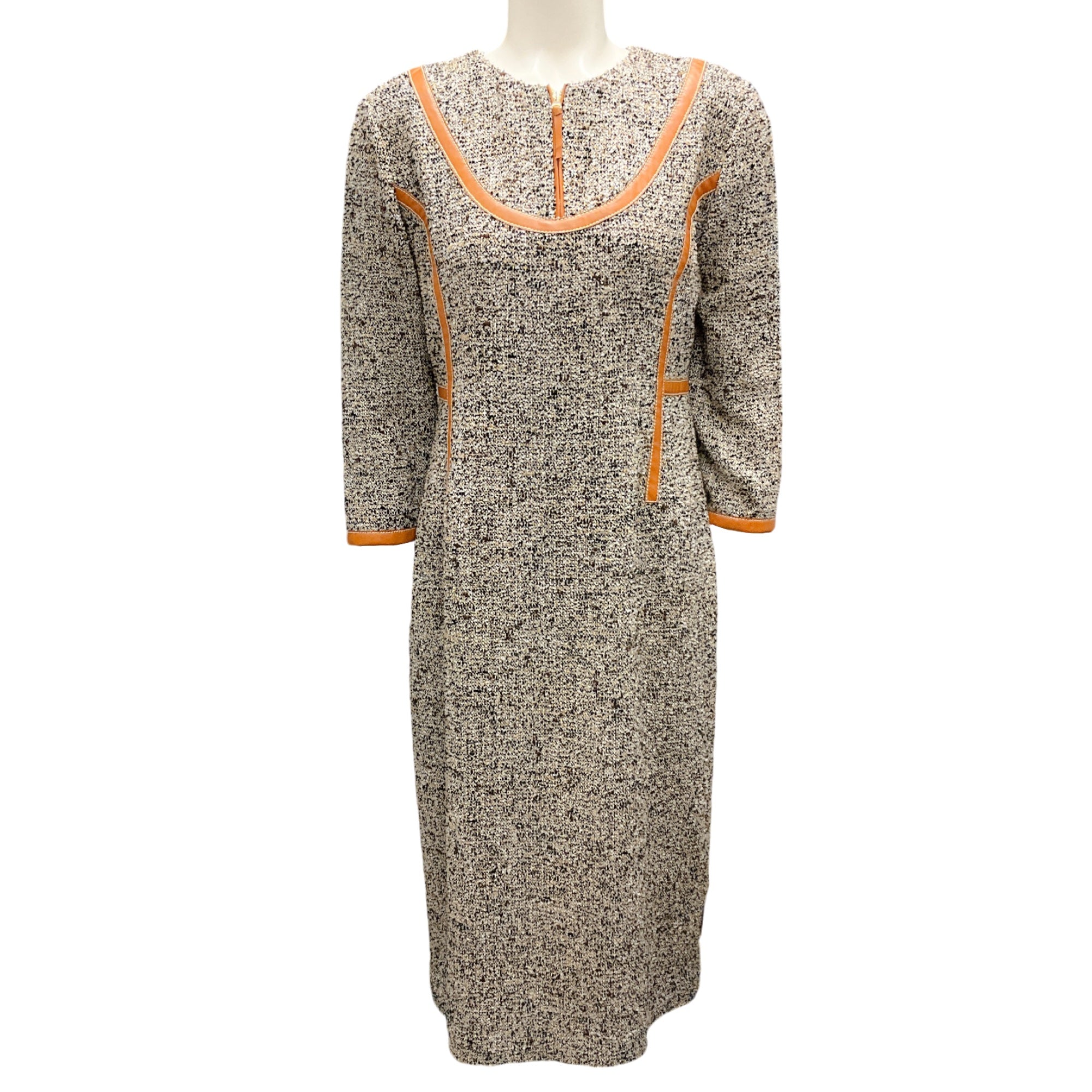 St. John Tan Multi Fall 2023 Leather Trimmed Wool Tweed Dress