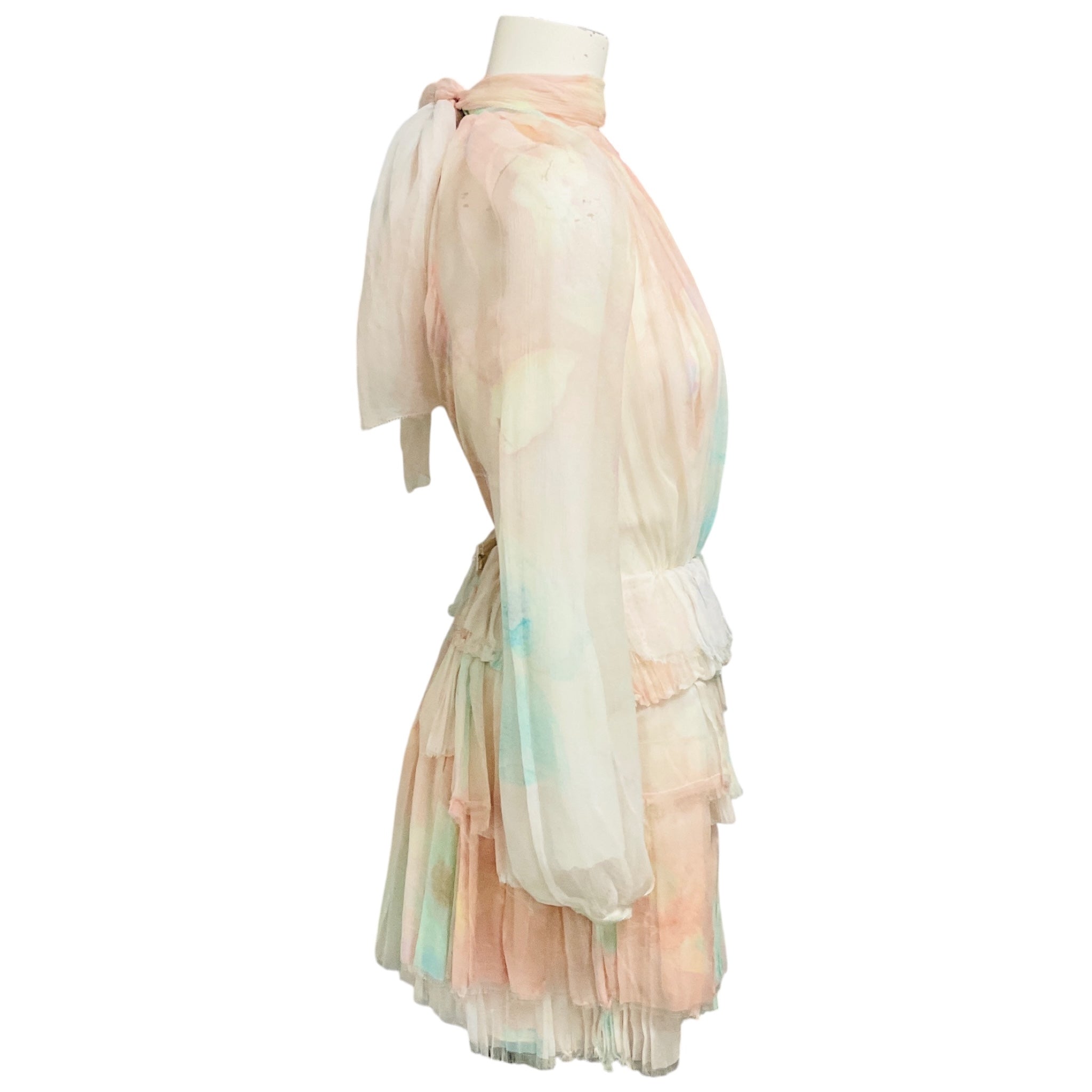 Nina Ricci Pastel Multi Tie Neck Tiered Silk Chiffon Mini Dress