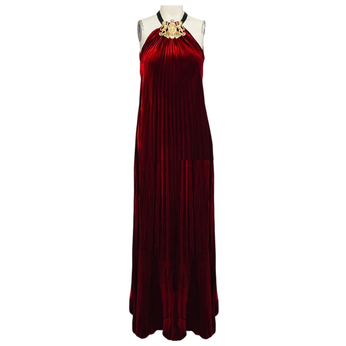 Ralph Lauren Collection Runway Crimson Fluid Velvet Plisse Halter Gown