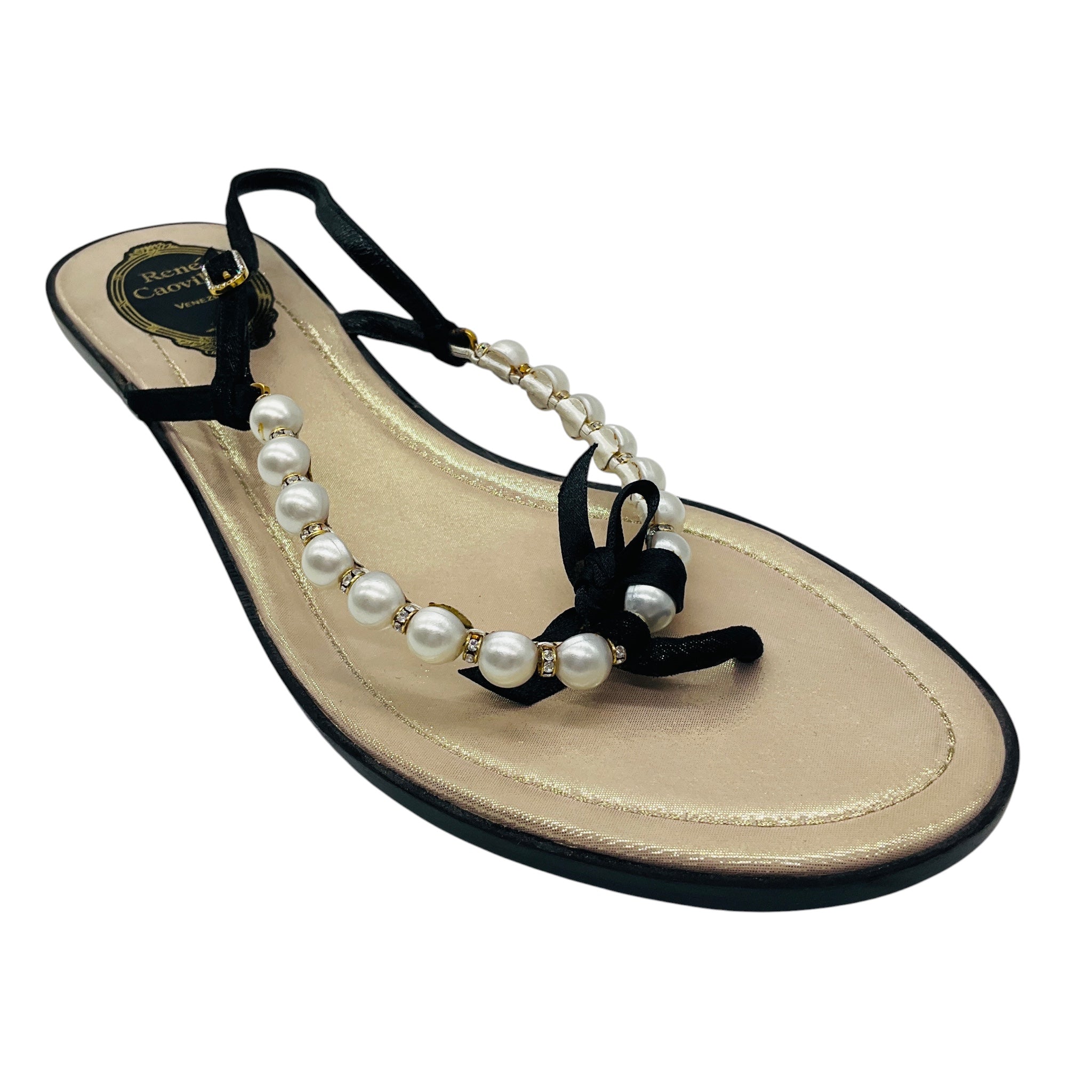Rene Caovilla Black / Champagne Metallic Pearl and Crystal Embellished Satin Flat Thong Strap Slingback Sandals