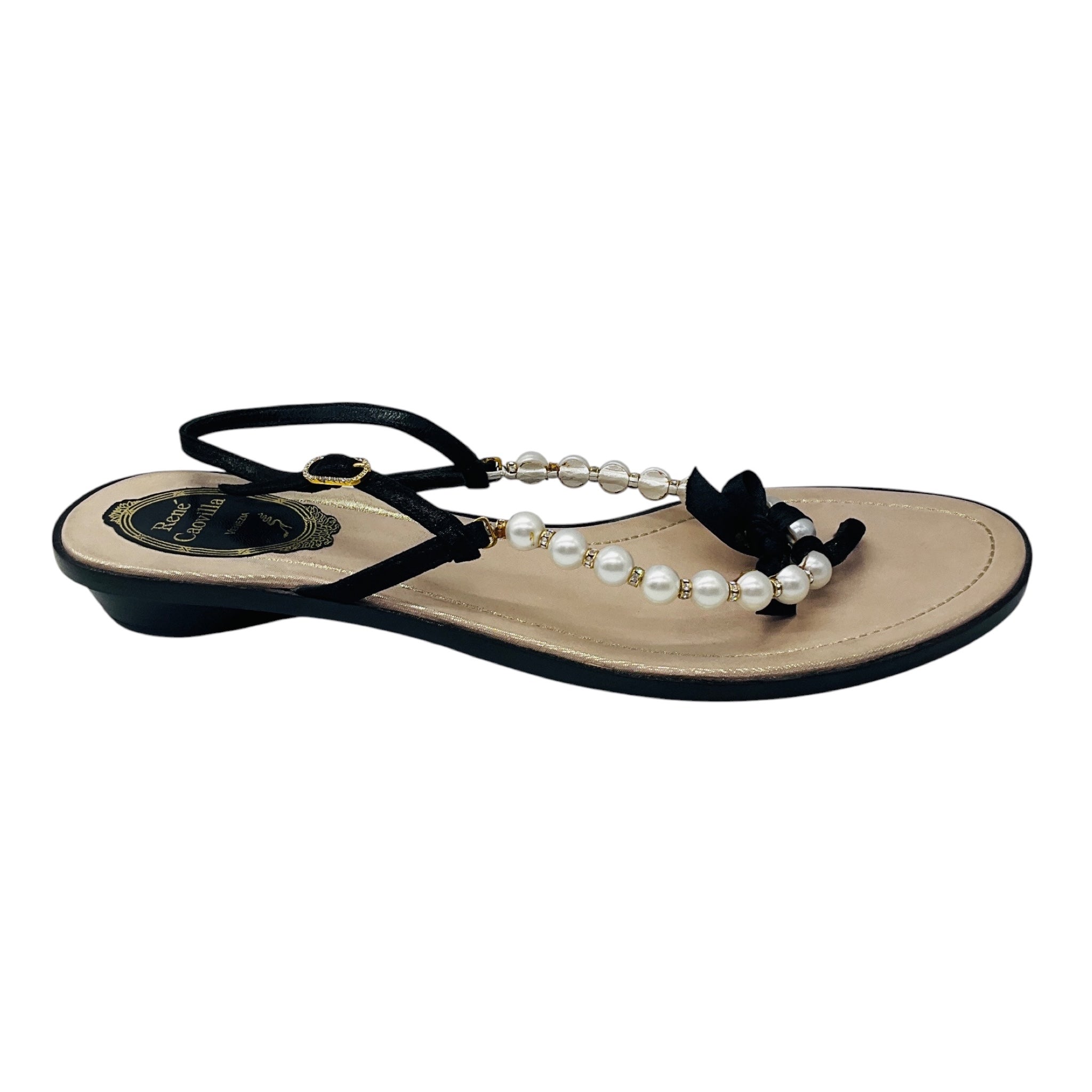 Rene Caovilla Black / Champagne Metallic Pearl and Crystal Embellished Satin Flat Thong Strap Slingback Sandals