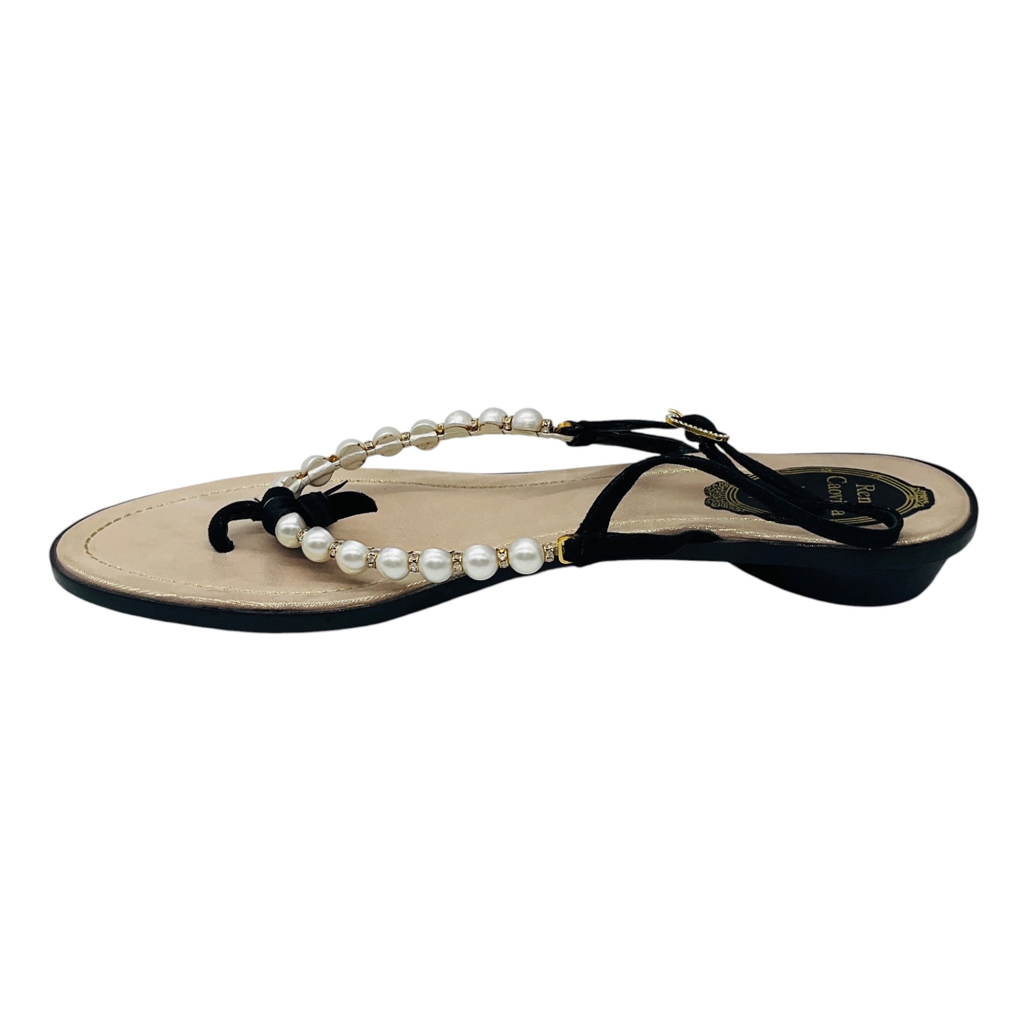 Rene Caovilla Black / Champagne Metallic Pearl and Crystal Embellished Satin Flat Thong Strap Slingback Sandals
