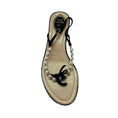 Load image into Gallery viewer, Rene Caovilla Black / Champagne Metallic Pearl and Crystal Embellished Satin Flat Thong Strap Slingback Sandals
