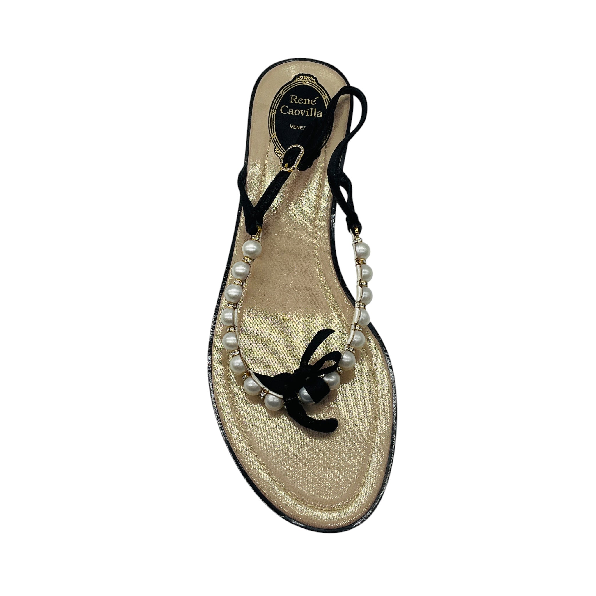 Rene Caovilla Black / Champagne Metallic Pearl and Crystal Embellished Satin Flat Thong Strap Slingback Sandals