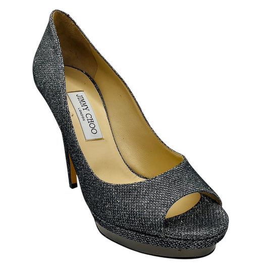 Jimmy Choo Silver Metallic Glitter Open Toe Pumps