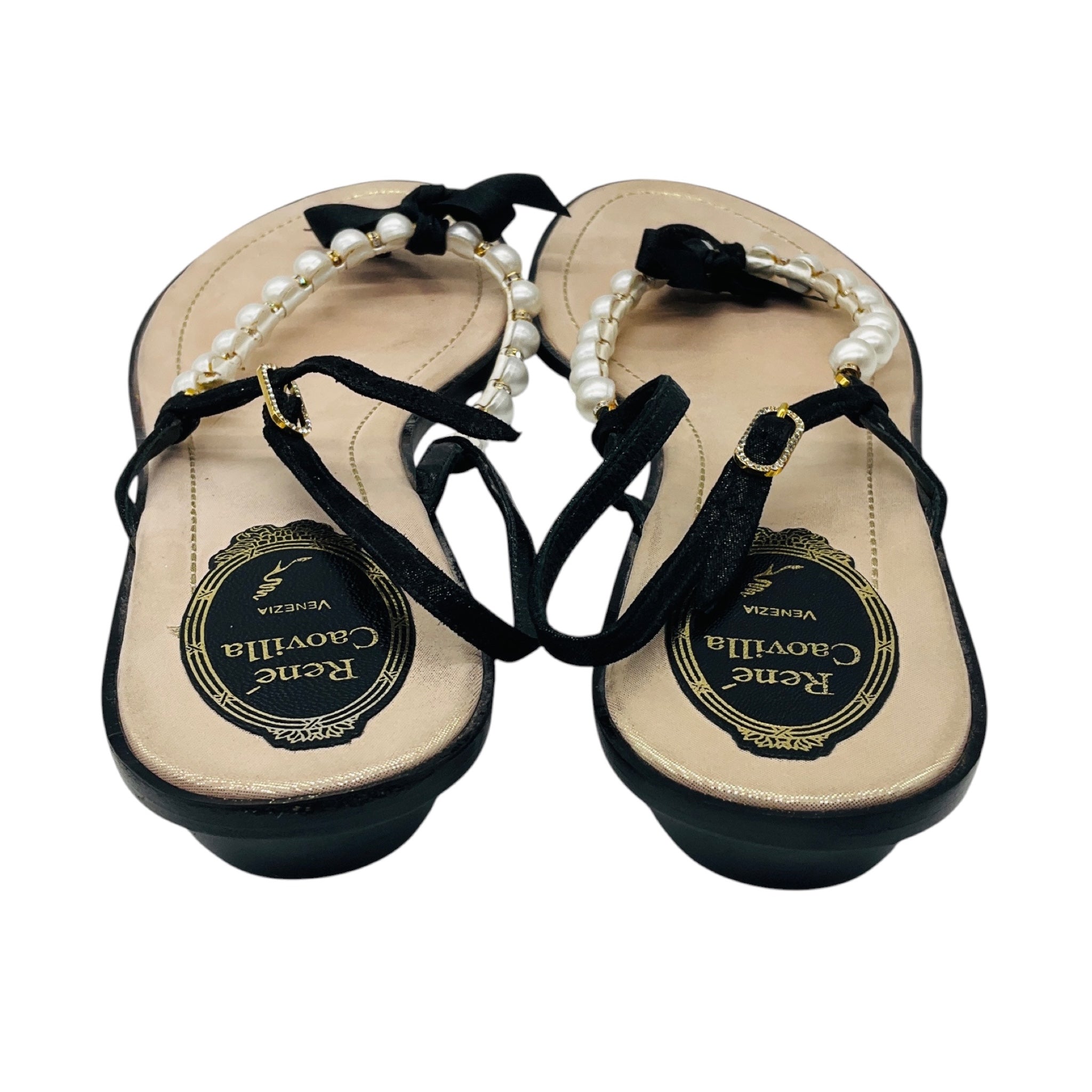 Rene Caovilla Black / Champagne Metallic Pearl and Crystal Embellished Satin Flat Thong Strap Slingback Sandals