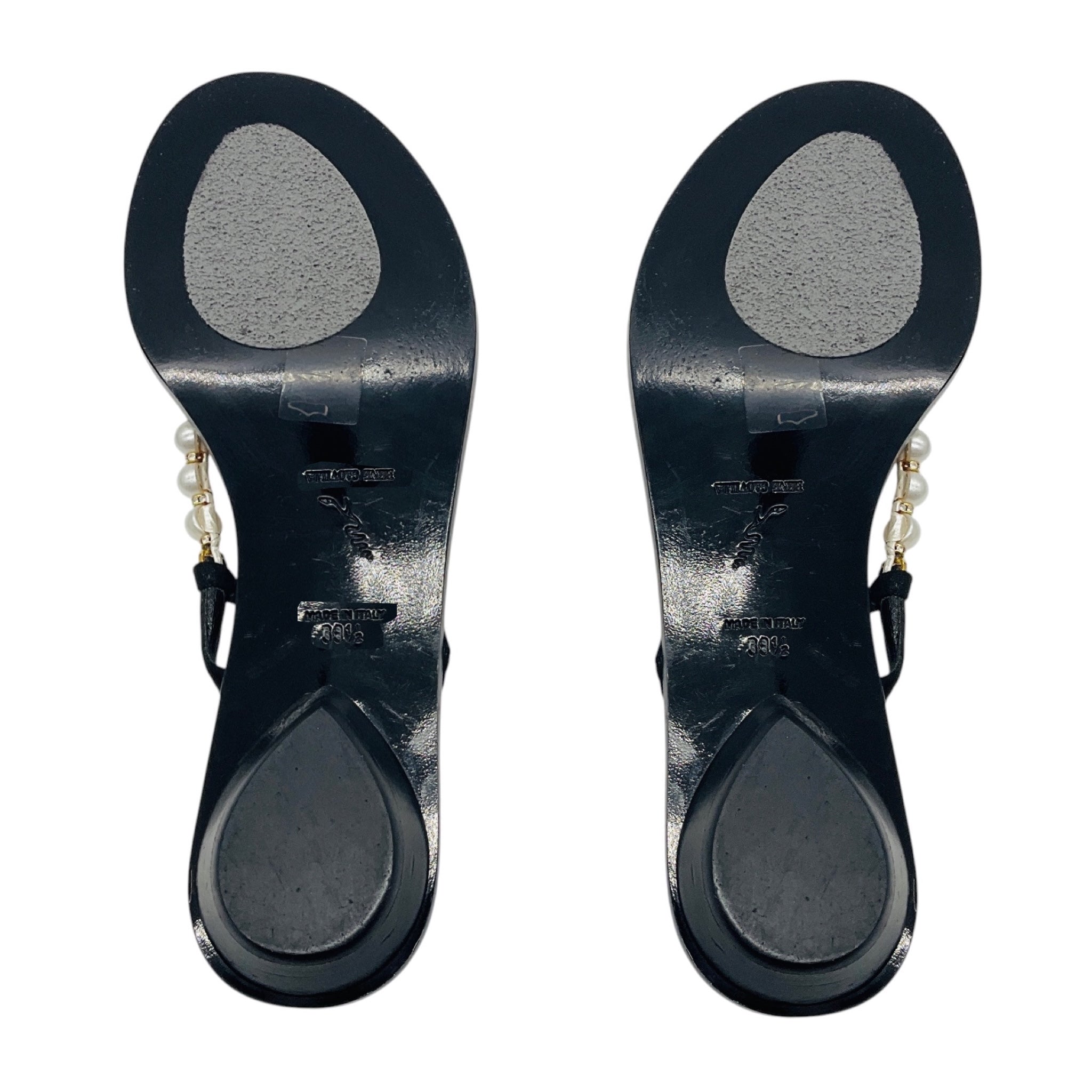 Rene Caovilla Black / Champagne Metallic Pearl and Crystal Embellished Satin Flat Thong Strap Slingback Sandals