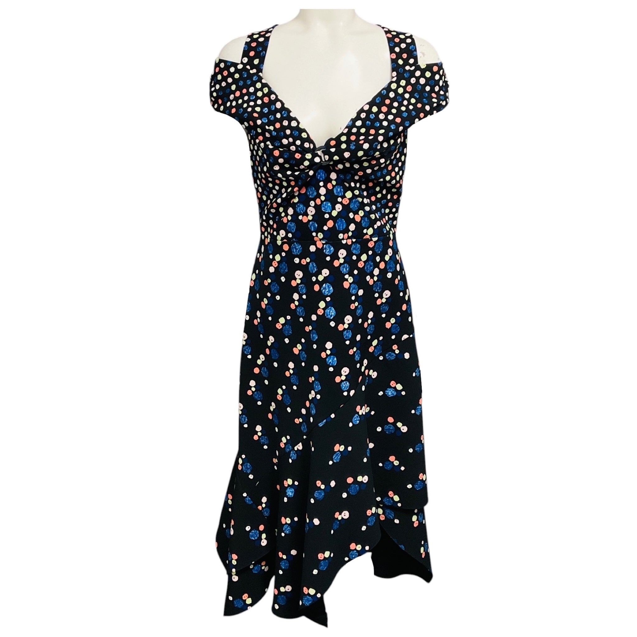 Peter Pilotto Black Multi Dot Print Cold Shoulder Asymmetric Hem Midi Cocktail Dress