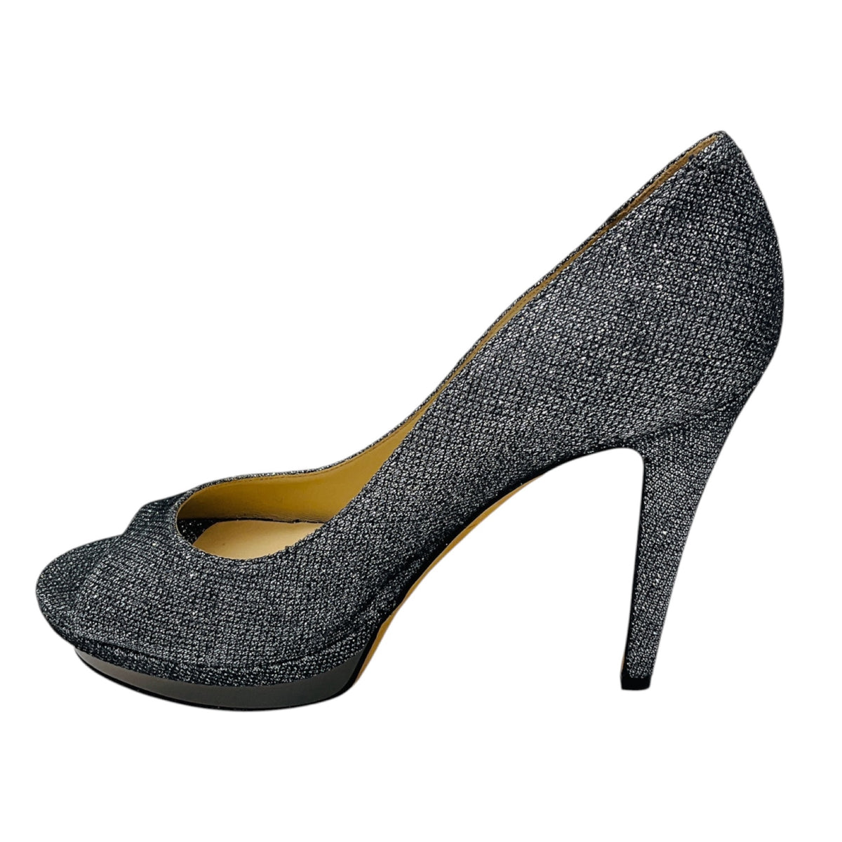 Jimmy Choo Silver Metallic Glitter Open Toe Pumps