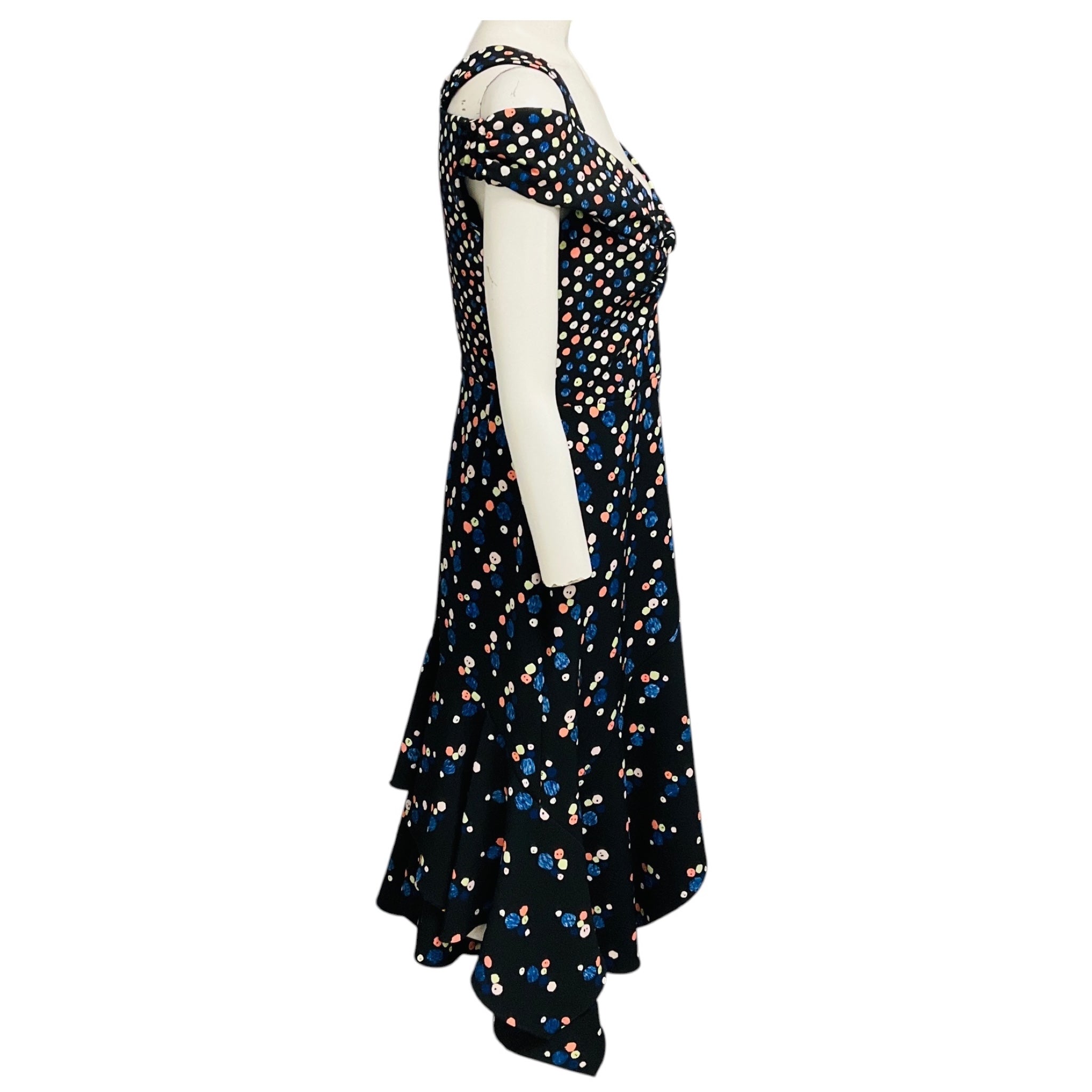 Peter Pilotto Black Multi Dot Print Cold Shoulder Asymmetric Hem Midi Cocktail Dress