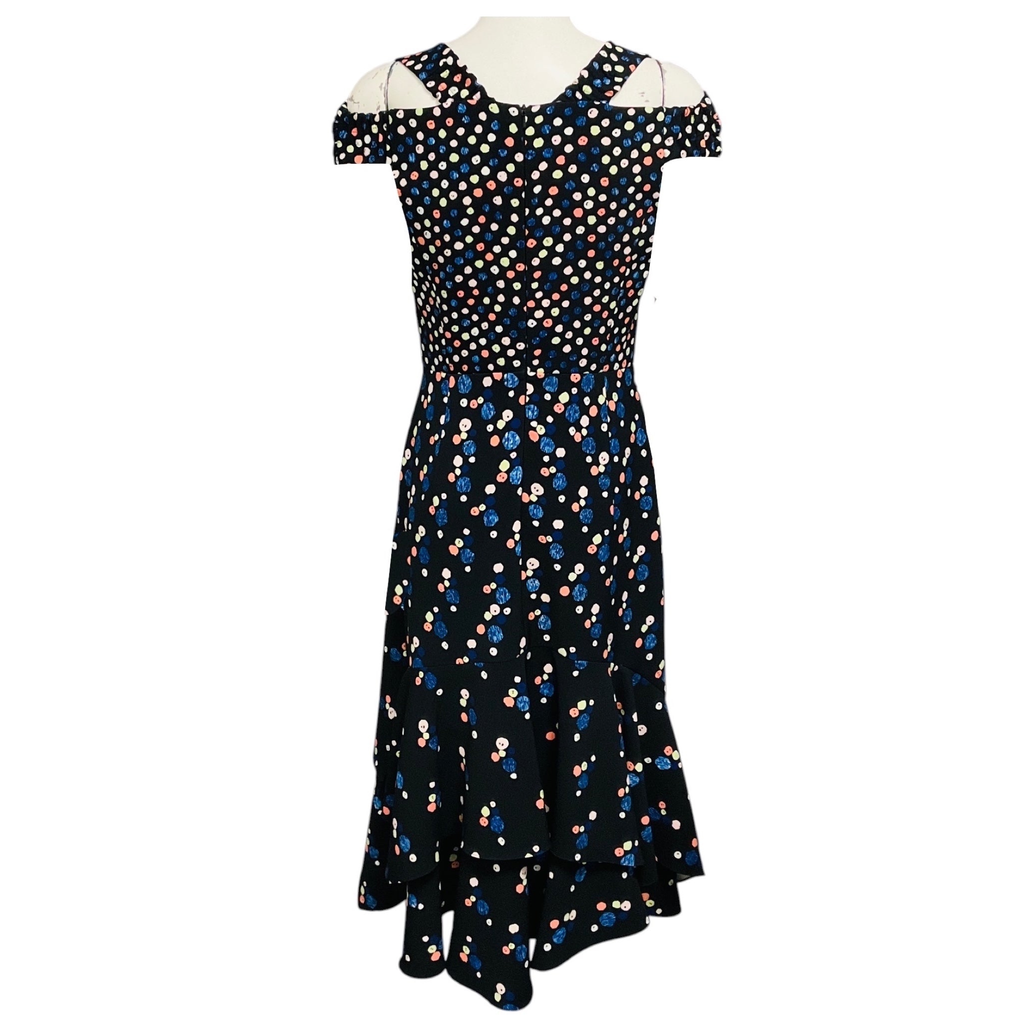 Peter Pilotto Black Multi Dot Print Cold Shoulder Asymmetric Hem Midi Cocktail Dress