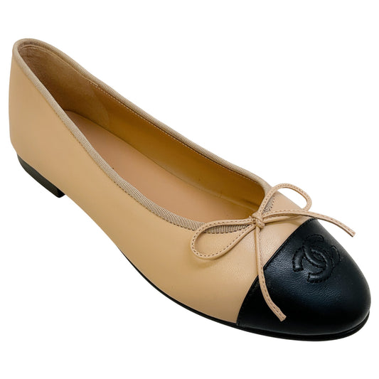 Chanel Tan / Leather Ballet Flats with Black Logo Cap Toe
