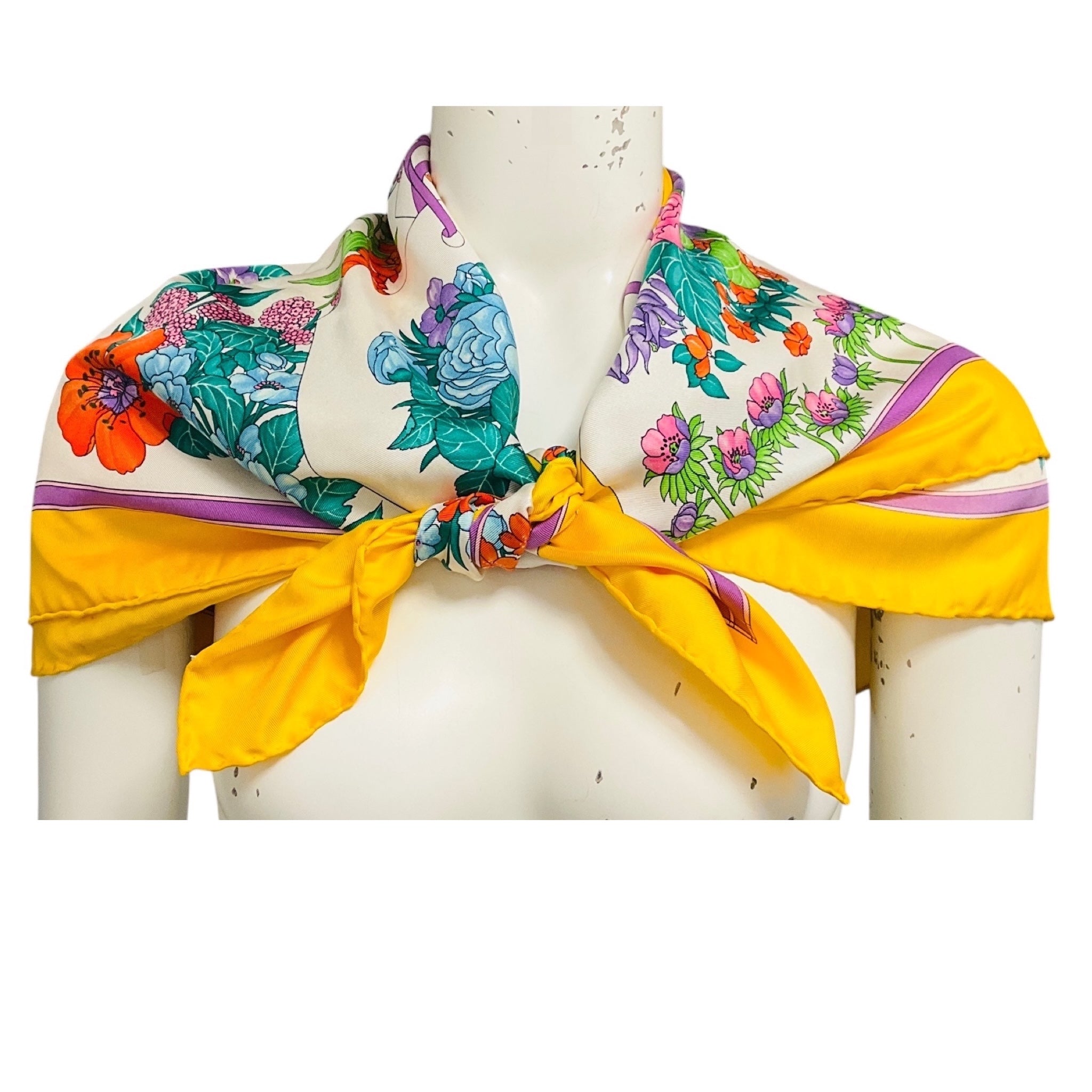 Christian Dior Vintage Yellow Multi Floral Printed Square Silk Twill Scarf