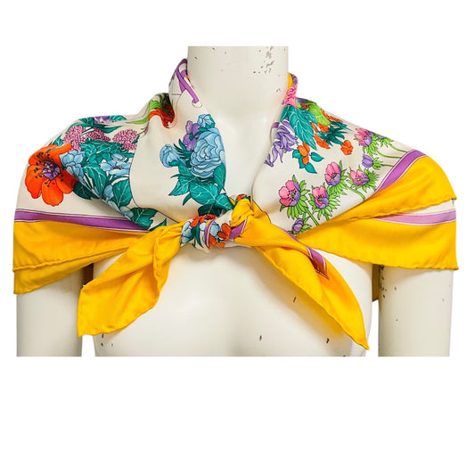 Christian Dior Vintage Yellow Multi Floral Printed Square Silk Twill Scarf