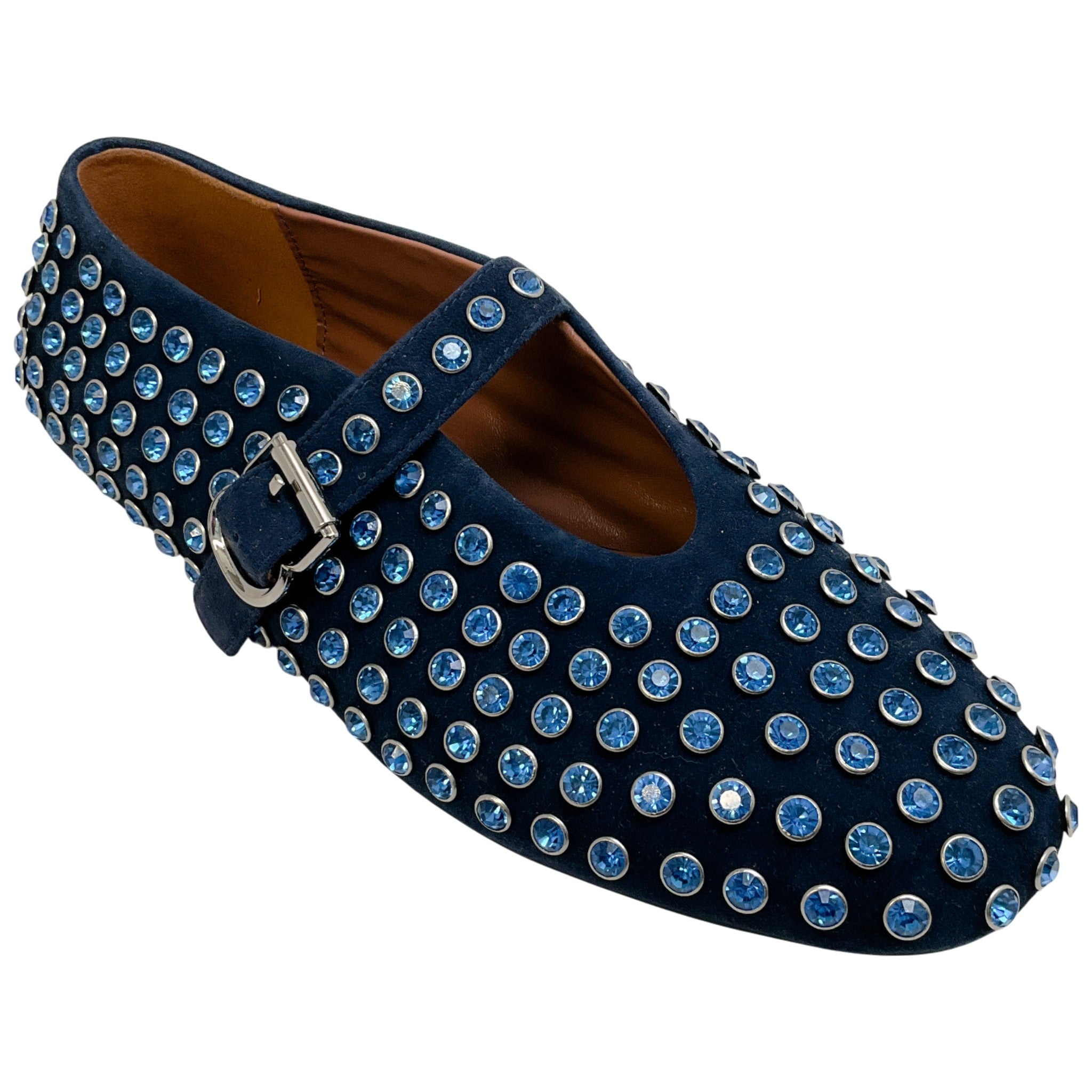 Alaia Navy Blue Suede Mary Jane Flats with Crystal Embellishments
