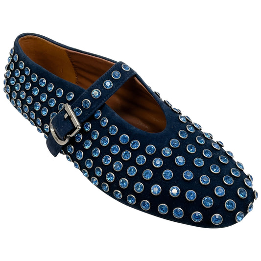 Alaia Navy Blue Suede Mary Jane Flats with Crystal Embellishments
