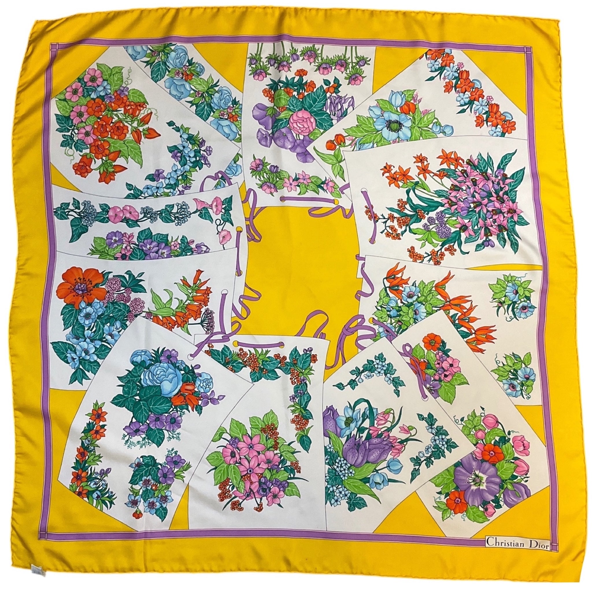 Christian Dior Vintage Yellow Multi Floral Printed Square Silk Twill Scarf