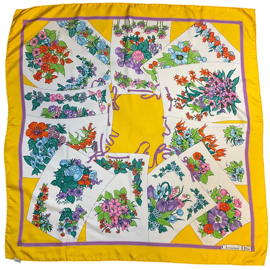 Christian Dior Vintage Yellow Multi Floral Printed Square Silk Twill Scarf