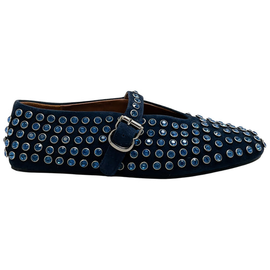 Alaia Navy Blue Suede Mary Jane Flats with Crystal Embellishments