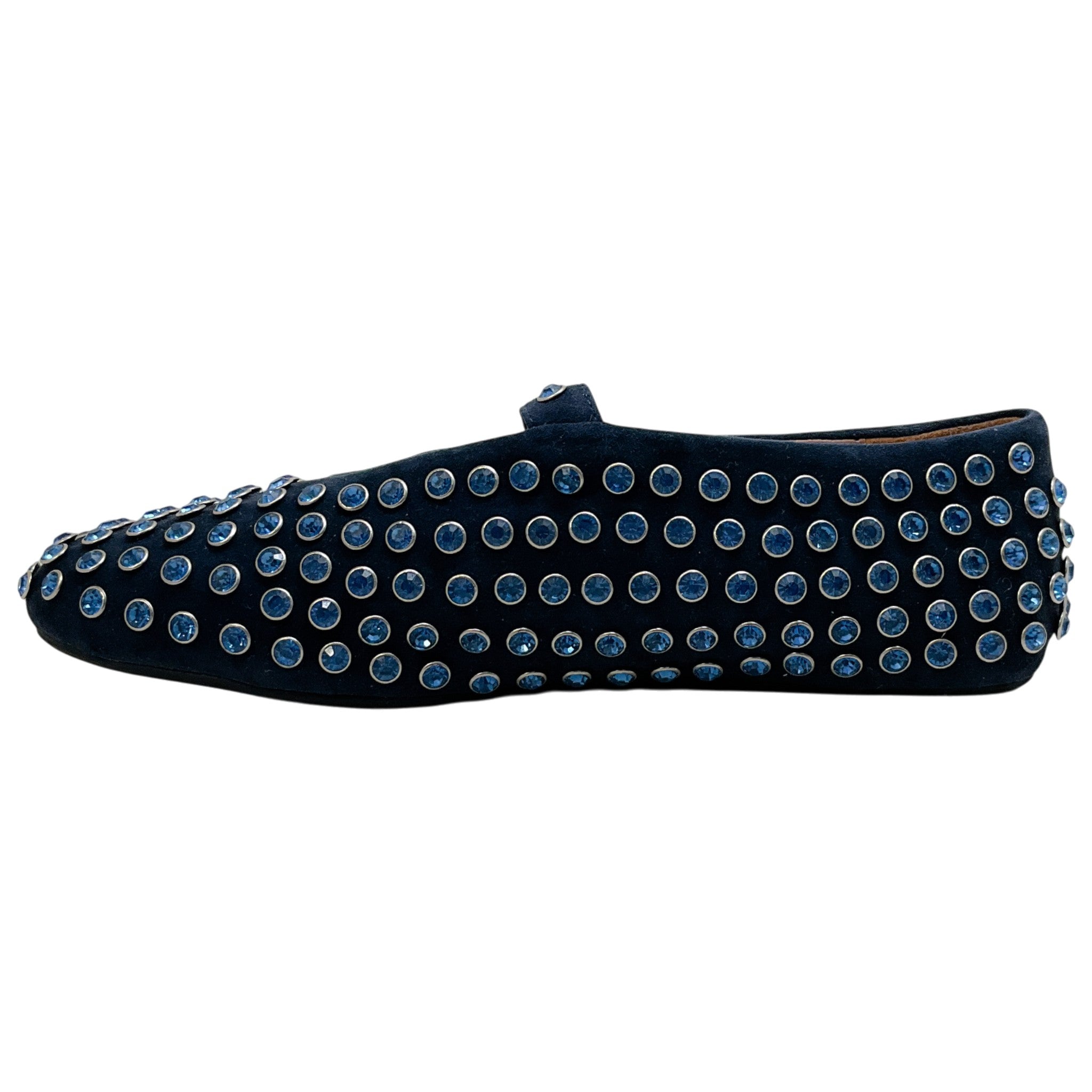 Alaia Navy Blue Suede Mary Jane Flats with Crystal Embellishments