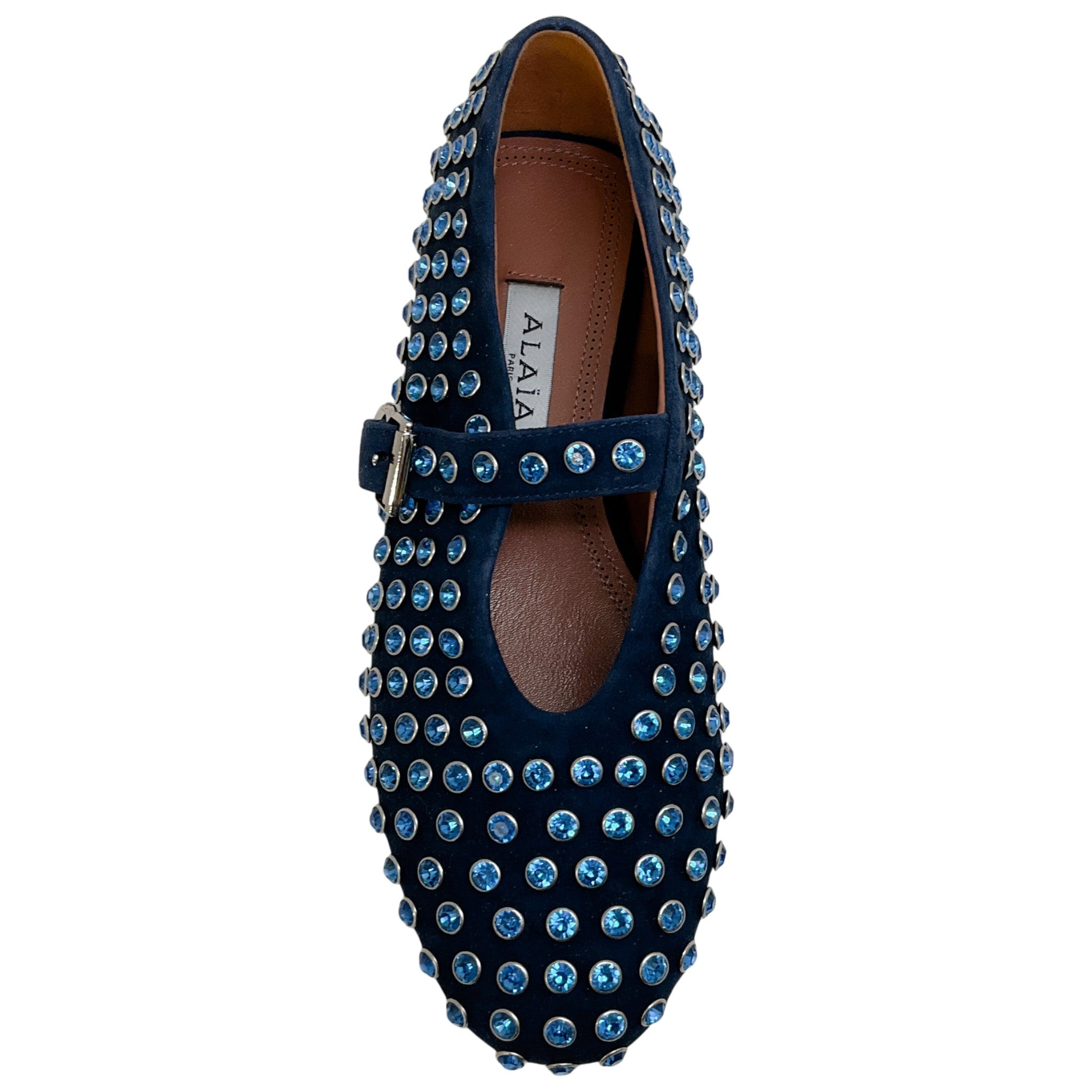 Alaia Navy Blue Suede Mary Jane Flats with Crystal Embellishments