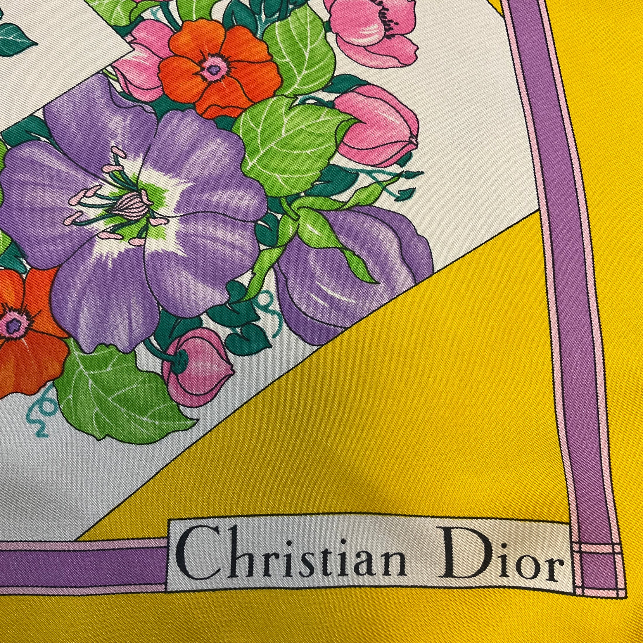 Christian Dior Vintage Yellow Multi Floral Printed Square Silk Twill Scarf