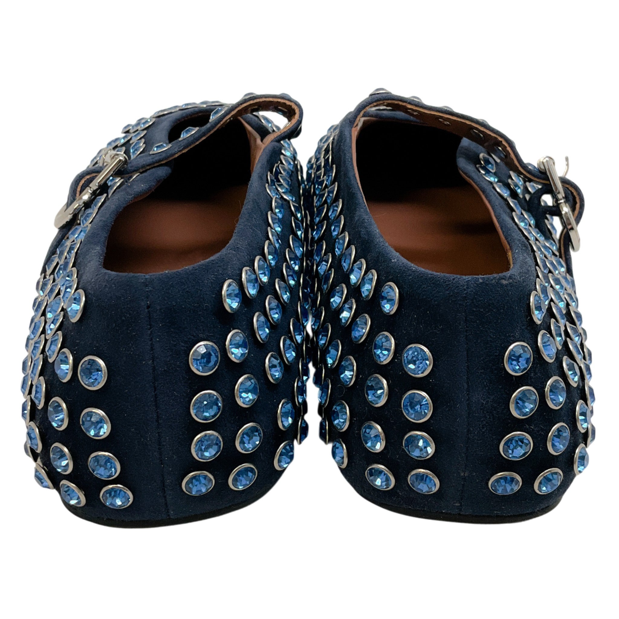 Alaia Navy Blue Suede Mary Jane Flats with Crystal Embellishments
