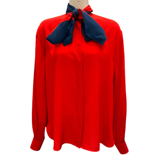 Givenchy Red / Navy Blue Tie-Neck Silk Blouse