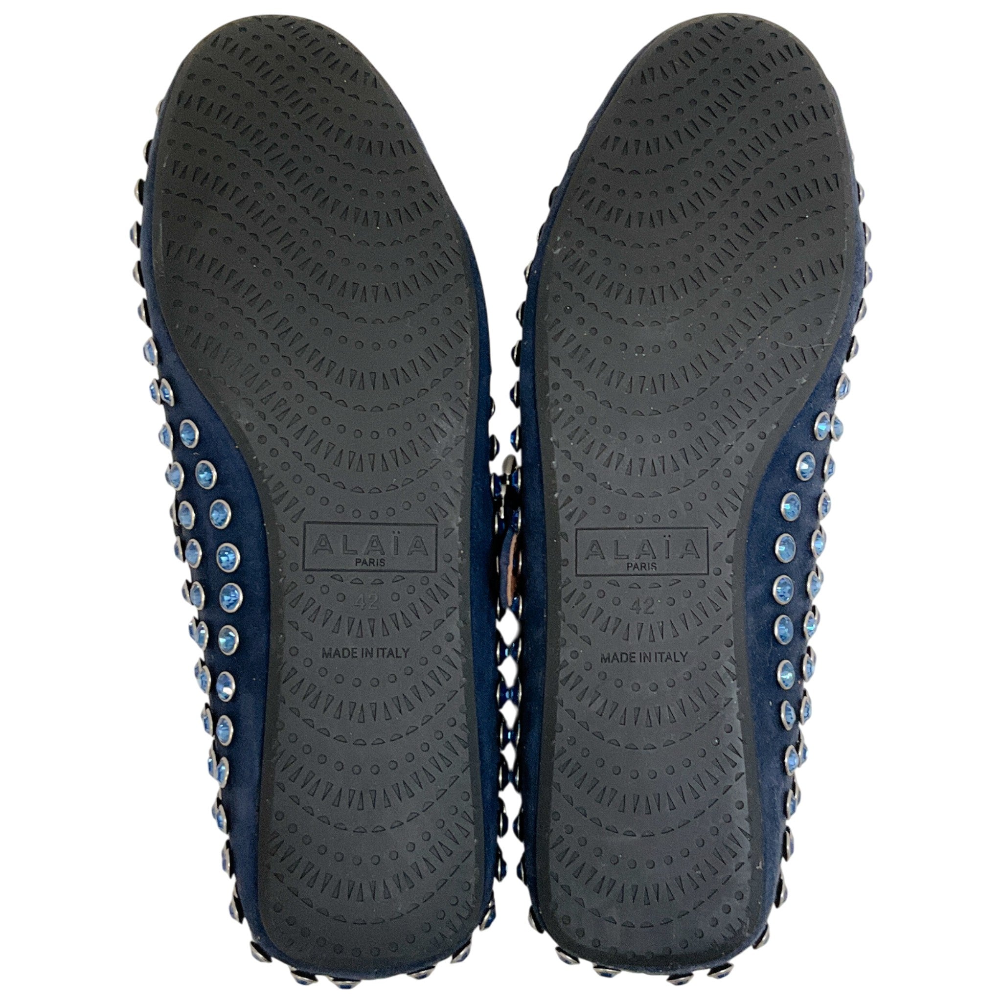 Alaia Navy Blue Suede Mary Jane Flats with Crystal Embellishments