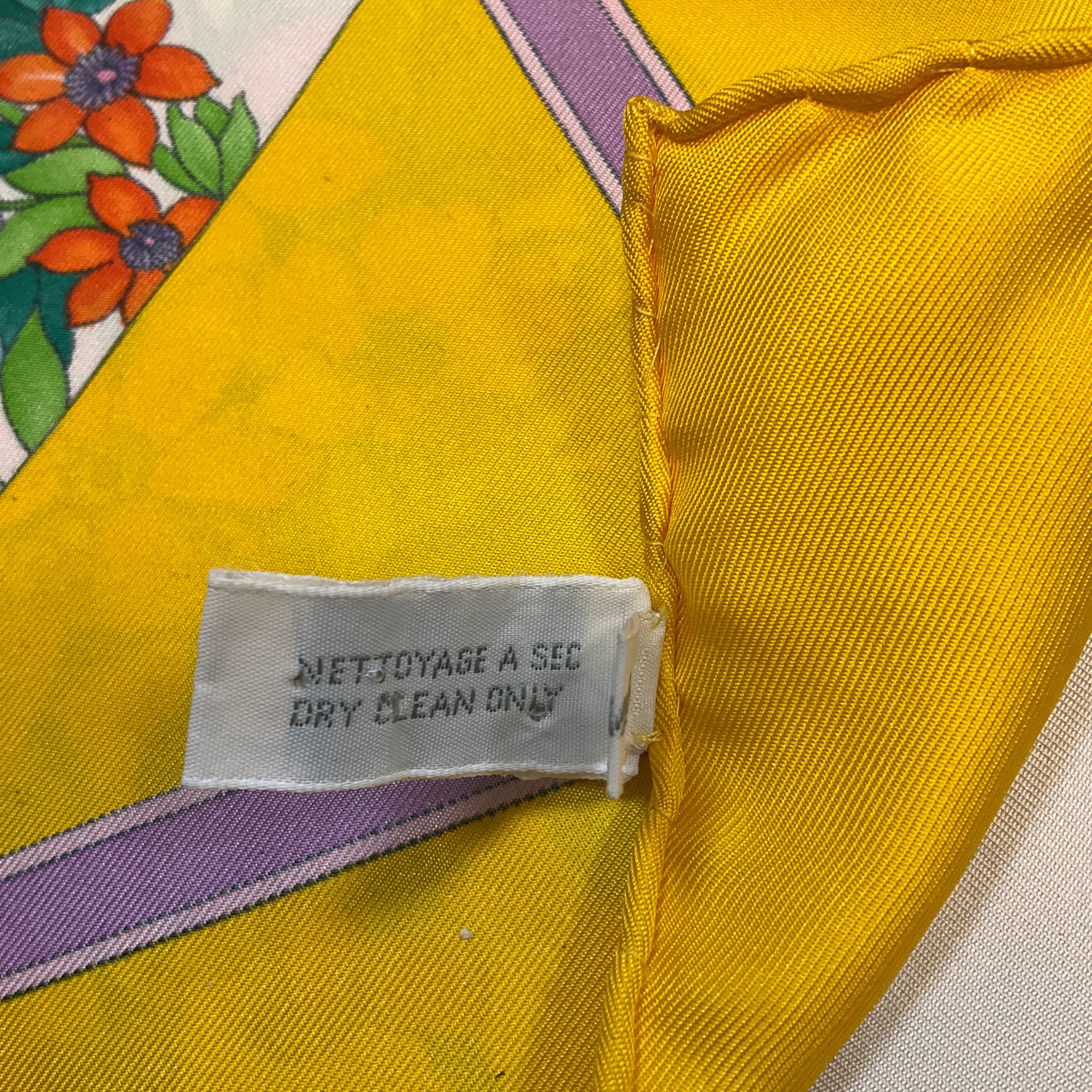 Christian Dior Vintage Yellow Multi Floral Printed Square Silk Twill Scarf