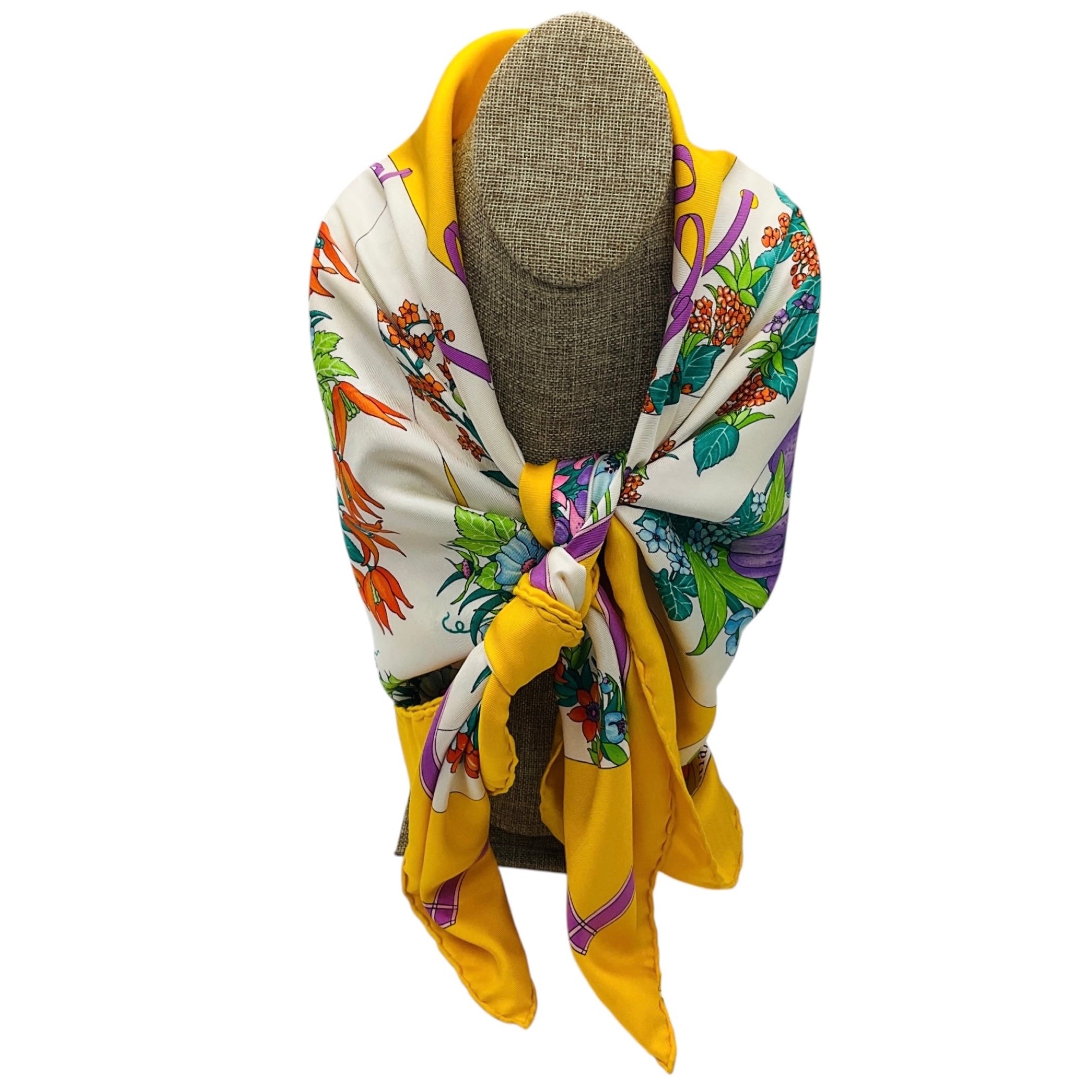 Christian Dior Vintage Yellow Multi Floral Printed Square Silk Twill Scarf